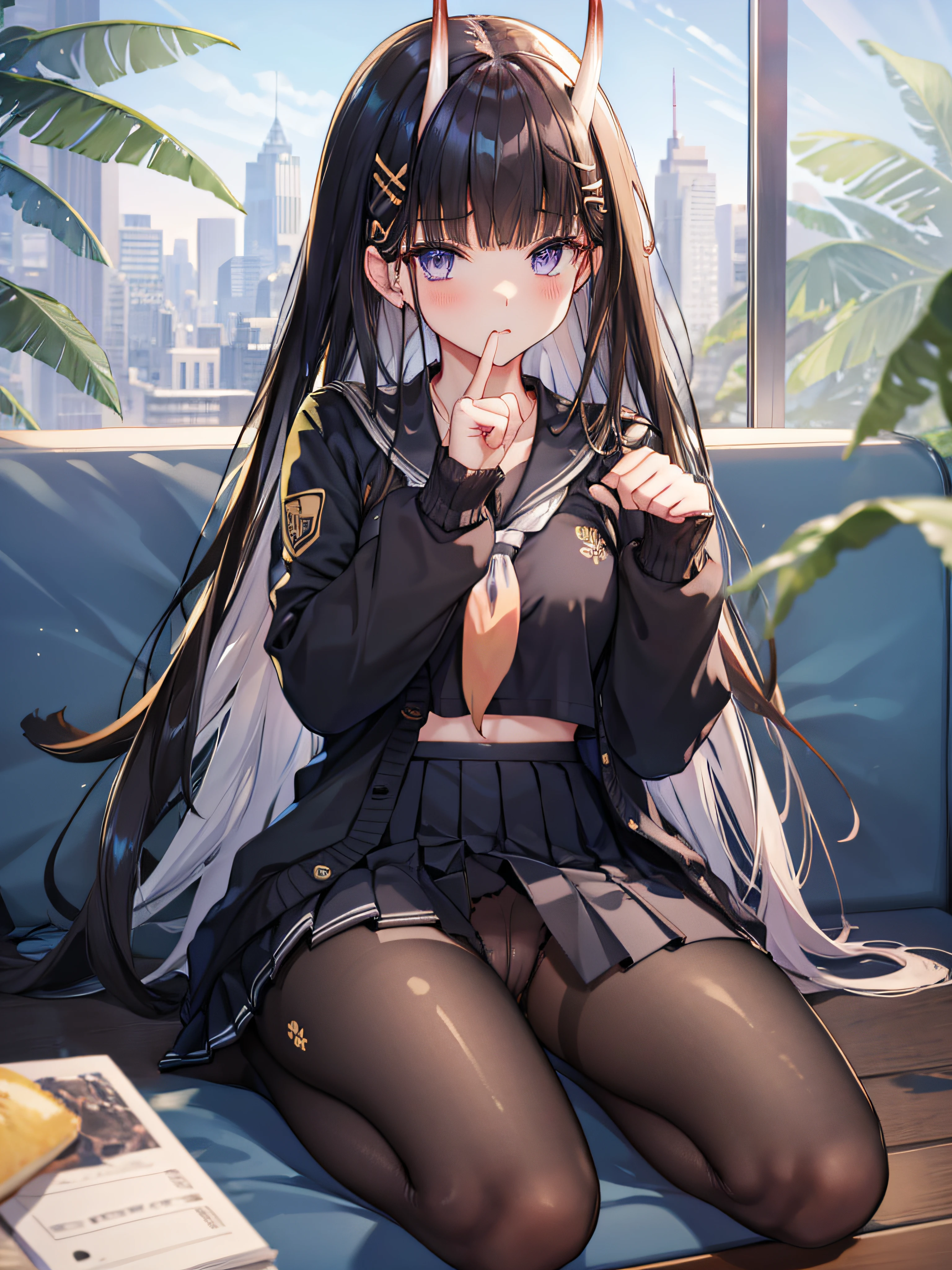 masterpiece, best quality, 1girl, solo, long hair, looking at viewer, skirt, black hair, school uniform, purple eyes, pantyhose, pleated skirt, horns, serafuku, cardigan, oni horns, open cardigan, black panty, floral lace undies, cameltoe, show panties, sitting sexily, open legs, spread legs, miniskirt, paw hand pose, sitting on couch, open legs sitting