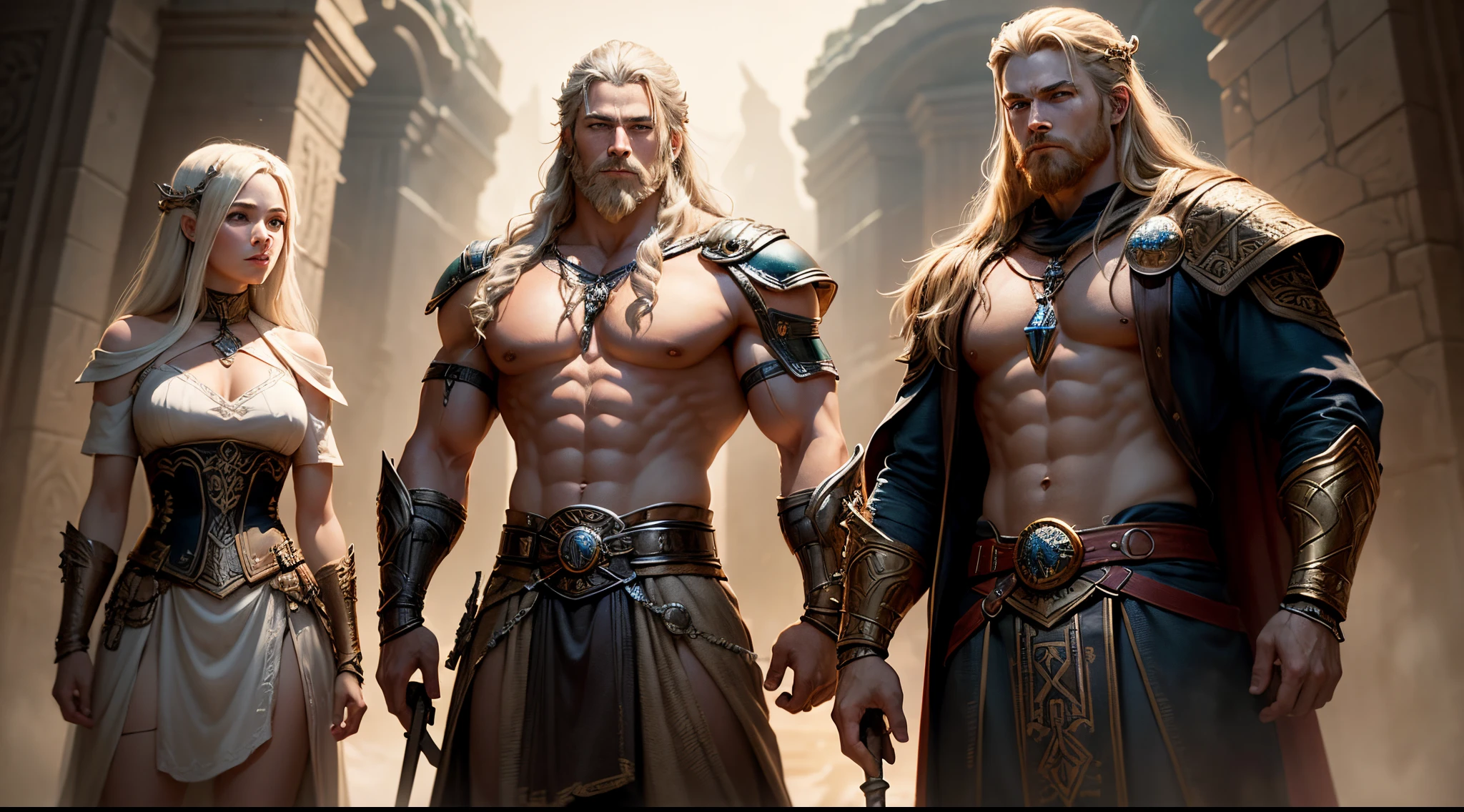The four Norse gods, Thor, Odin, Freyr, and Freyja, are the main subjects of the artwork. The gods are depicted in a highly detailed and realistic style, with their distinguished features prominent. Thor is shown with his powerful hammer, Mjölnir, and his muscular physique. Odin is portrayed with his one eye and long white beard, exuding wisdom and authority. Freyr and Freyja, the twin siblings, are depicted as beautiful and charismatic figures. Freyr is shown with his magical sword and an aura of fertility, while Freyja carries a sense of grace and femininity. The artwork is created using a mixed medium, combining illustration and oil painting techniques. The colors are vibrant and vivid, with a photorealistic quality. The lighting is carefully crafted to accentuate the details and create a sense of depth. The overall composition of the artwork is dynamic and captivating, capturing the essence of Norse mythology and the power of these legendary gods.
