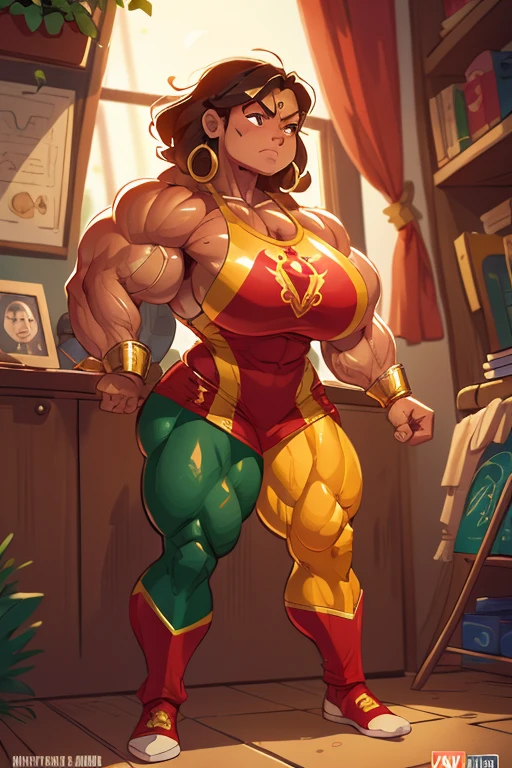 Mexican muscle woman flexing muscles wearing gold superhero outfit, muscle woman, big muscles, huge muscles, massive muscles, mature woman