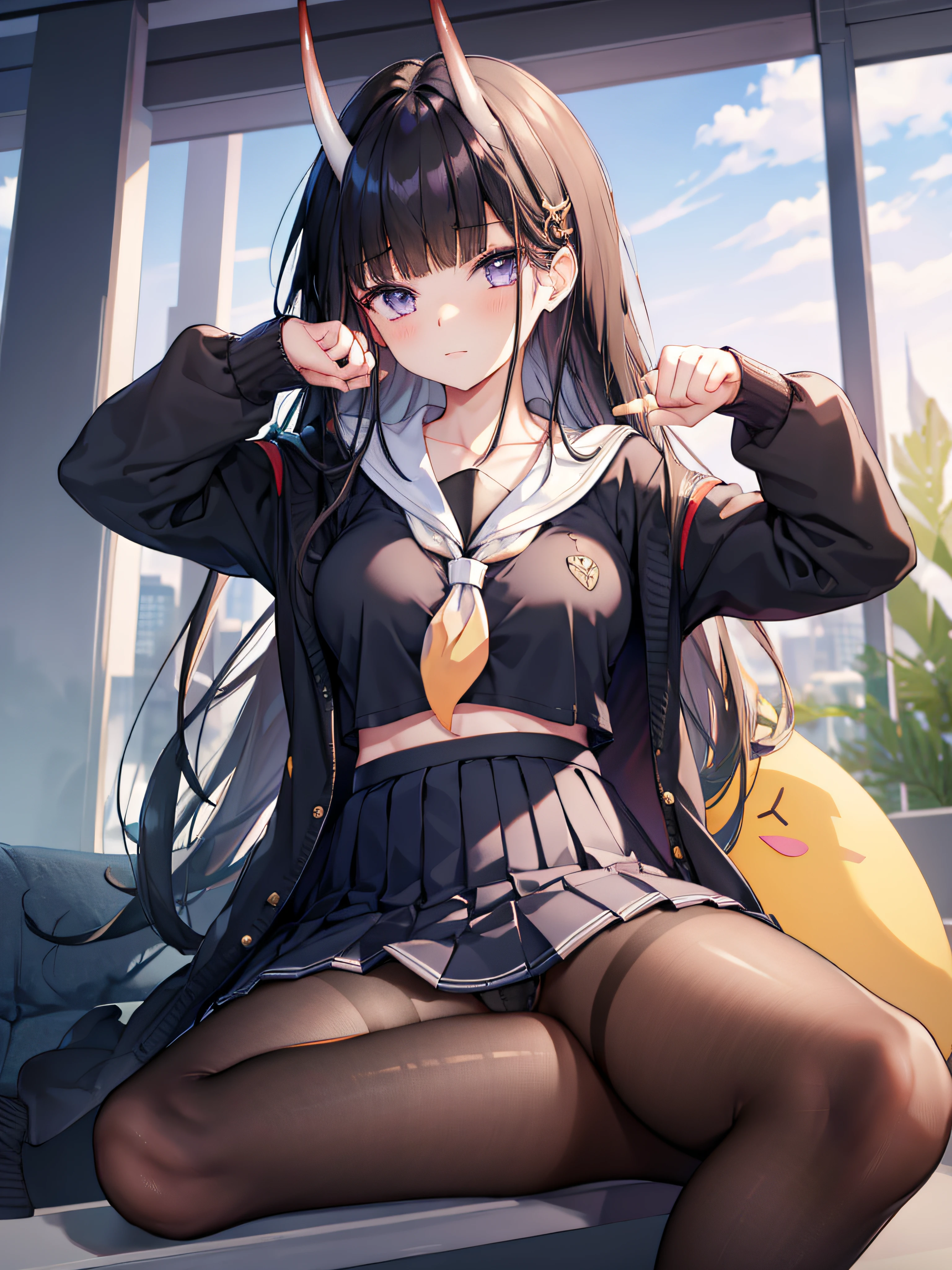masterpiece, best quality, 1girl, solo, long hair, looking at viewer, skirt, black hair, school uniform, purple eyes, pantyhose, pleated skirt, horns, serafuku, cardigan, oni horns, open cardigan, black panty, floral lace undies, cameltoe, show panties, sittingsexily, open legs, spread legs, miniskirt, open legs sitting, paw hand pose