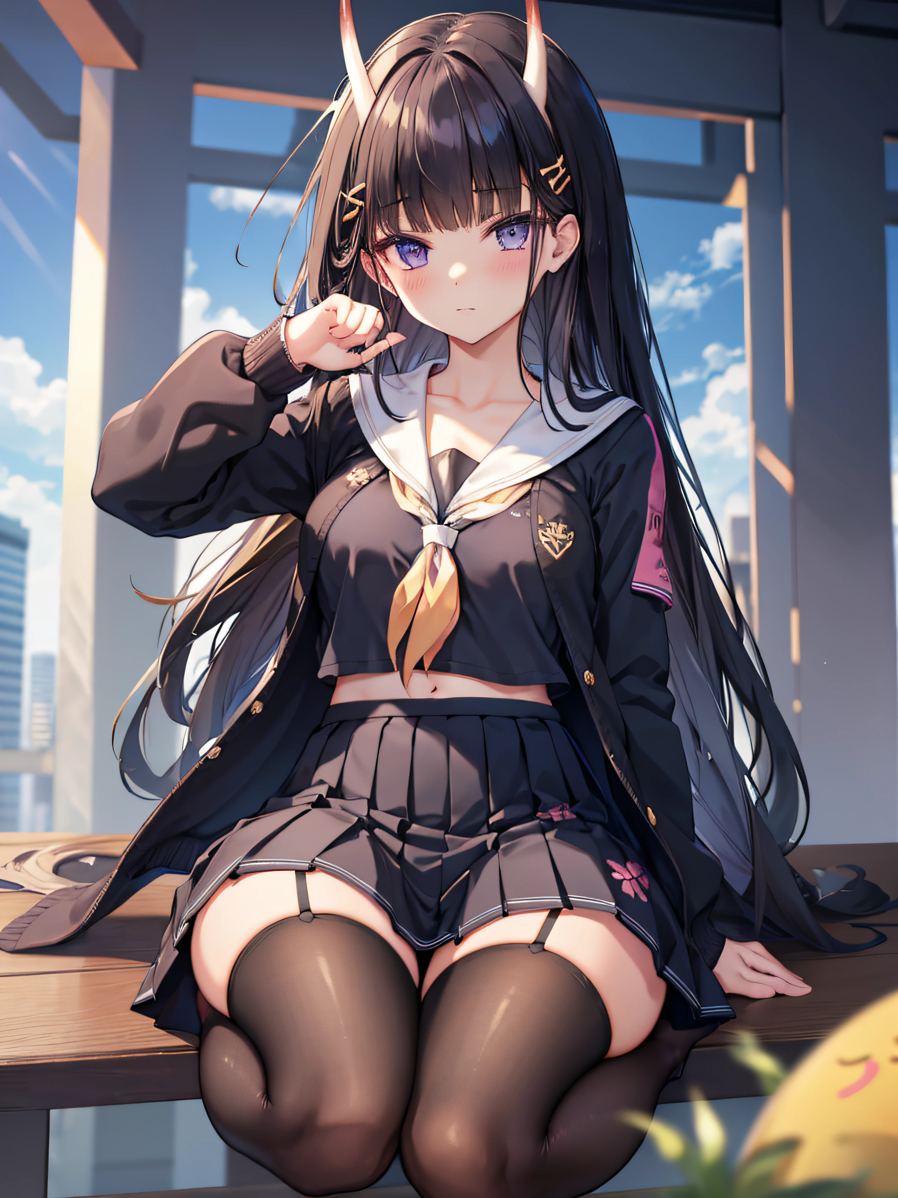 masterpiece, best quality, 1girl, solo, long hair, looking at viewer, skirt, black hair, school uniform, purple eyes, pantyhose, pleated skirt, horns, serafuku, cardigan, oni horns, open cardigan, black panty, floral lace undies, cameltoe, show panties, sittingsexily, open legs, spread legs, miniskirt, open legs sitting, paw hand pose