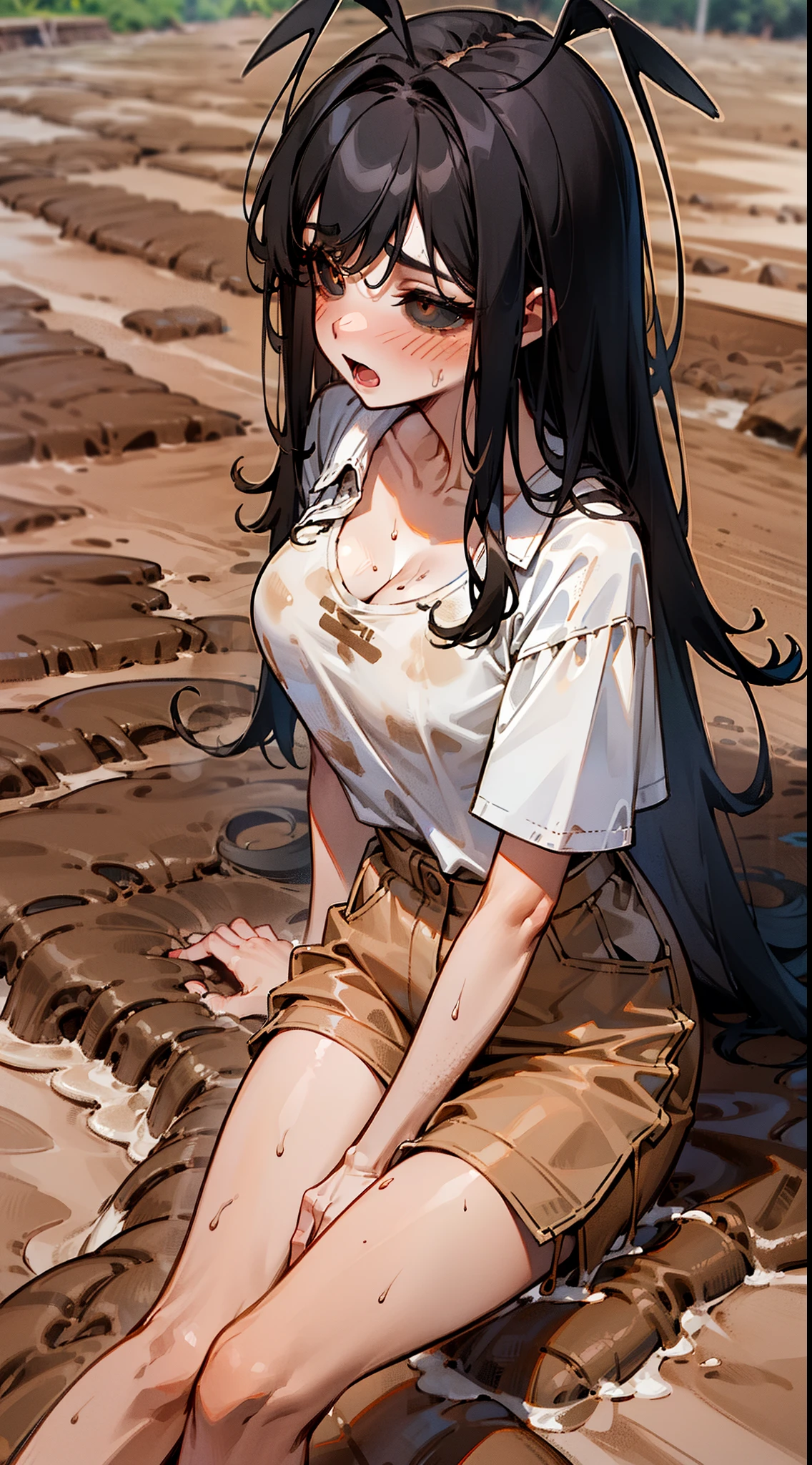 Original Character,8k, Masterpiece, Best Quality,Detailed, solo),mature female, fine skin,cleavage,blush,black eyes,black sclera,black hair,long hair,(hair 2antennas),white shirt,brown shorts,(((sitting in a mud road))),cowboy shot,shy, open mouth,mud on the body, mud on the face,