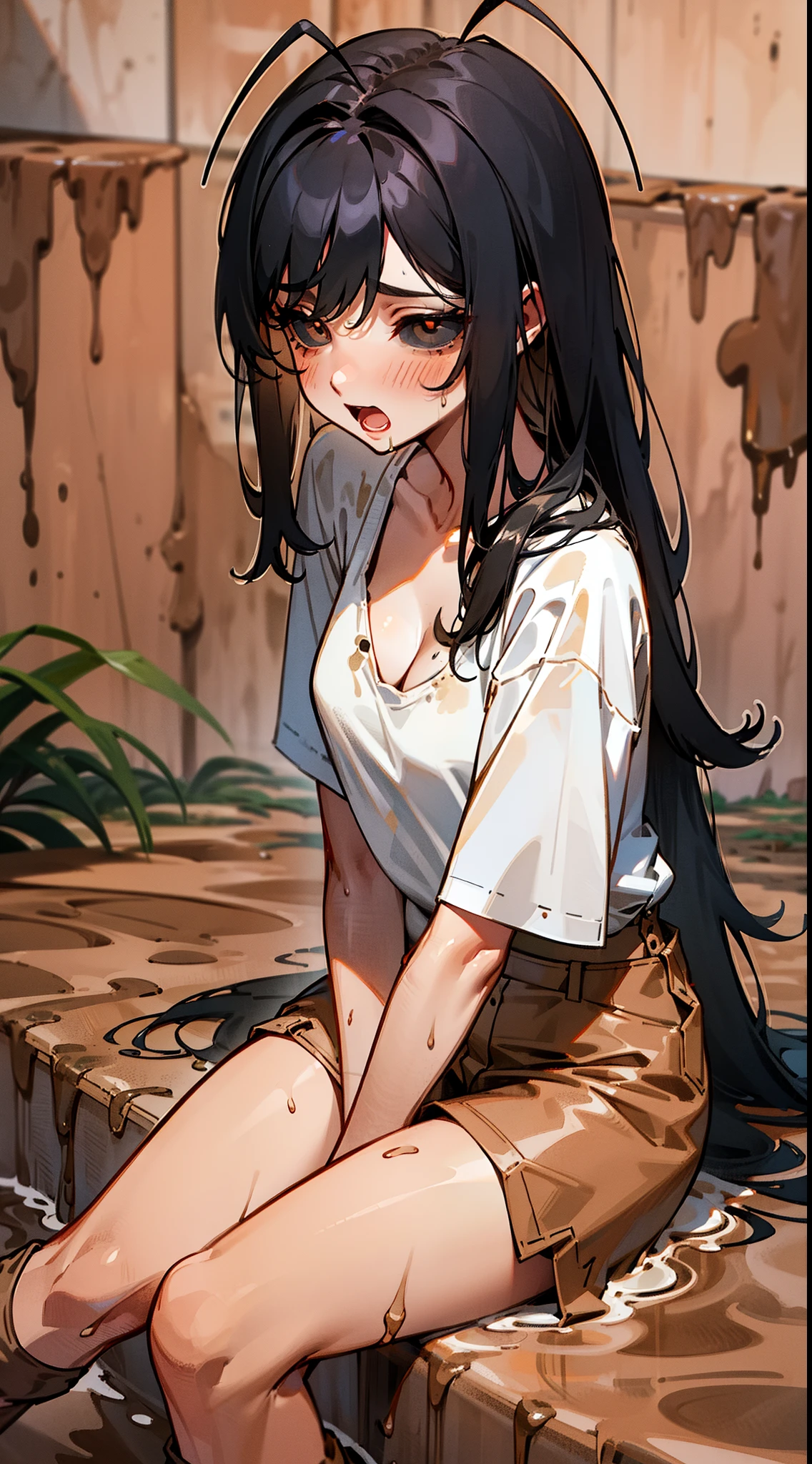 Original Character,8k, Masterpiece, Best Quality,Detailed, solo),mature female, fine skin,cleavage,blush,black eyes,black sclera,black hair,long hair,(hair 2antennas),white shirt,brown shorts,(((sitting in a mud road))),cowboy shot,shy, open mouth,mud on the body, mud on the face,