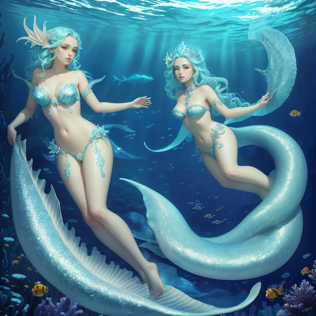 mermaids in blue bikinis swim in the ocean, Sirenas, Sirenas y peces, Sirenas, hermosa sirena, Merfolk montando caballitos de mar, sirena, deviantart artstation cgscosiety, goddess of the ocean, rob rey and kentarõ miura, a beautiful artwork illustration, Sirenas en la distancia, Cuerpo de sirena, Diosa del Mar, realistic fantasy illustration