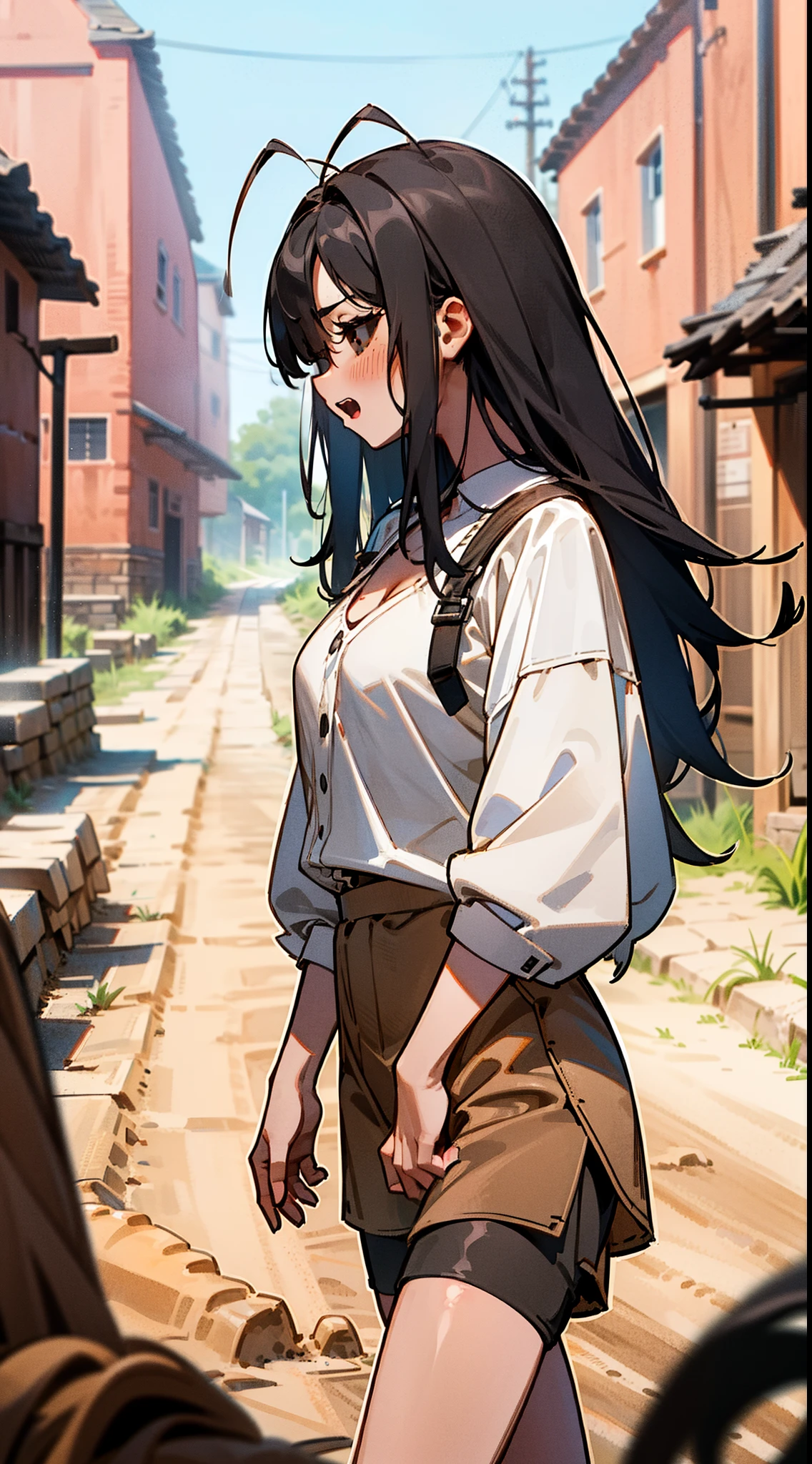 Original Character,8k, Masterpiece, Best Quality,Detailed, solo),mature female, fine skin,cleavage,blush,black eyes,black sclera,black hair,long hair,(hair 2antennas),white shirt,brown shorts,(((walking in a dirt road,in a village))),cowboy shot, open mouth,from side