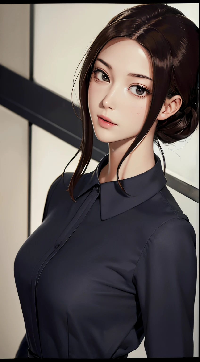 (Hyper-realistic), (Illustration), (High resolution), (8K), (Extremely detailed), (Best Illustration), Yol ( chain saw man ), (Beautiful detailed eyes), (Best Quality), (Ultra-detailed), (masutepiece), (Wallpaper), (Detailed face), Solo, Upper body, Focus on Face, 1 girl, Long Black Hair, Korean, Thin eyeshadow, A detailed eye, Brown eyes, Small moles under the eyes, Long sleeve shirt, Neckbow, Small breasts, pinafore dress, Dynamic Pose, low illuminance, Night, Dark, Clouds, a dark night