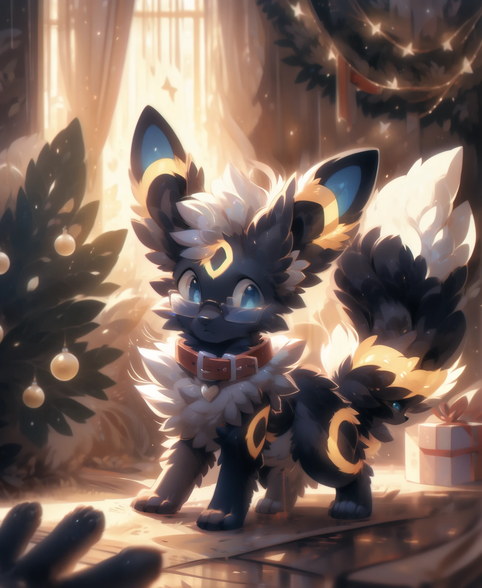 [by Hioshiru],furry, Feral, Pokemon, Long fluffy hair, glasses, Umbreon with dark grey fur,  Blue eyes, embarassed, canine paws, paws for hands, short height, shortstack, crawling, heavy, collar, walkies, perk,Wearing Christmas hat between ears,