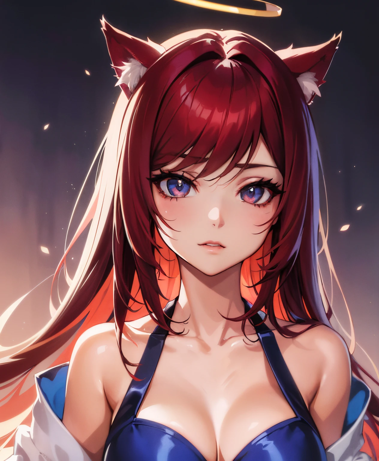 anime girl with red hair and horns and a dark halo above her head, portrait of ahri, beautiful anime catgirl, extremely detailed artgerm, artgerm on artstation pixiv, anime girl with cat ears, very beautiful anime cat girl, ahri, detailed digital anime art, anime catgirl, trending on artstation pixiv, cute anime catgirl