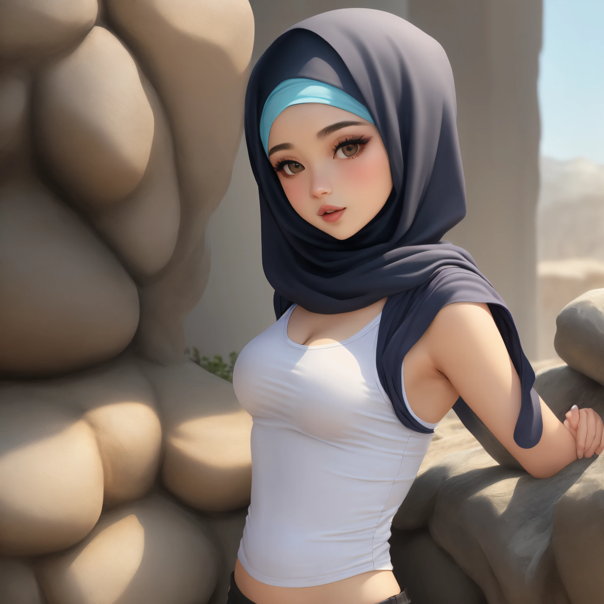 Korean girls in hijab wearing tank top and bottomless