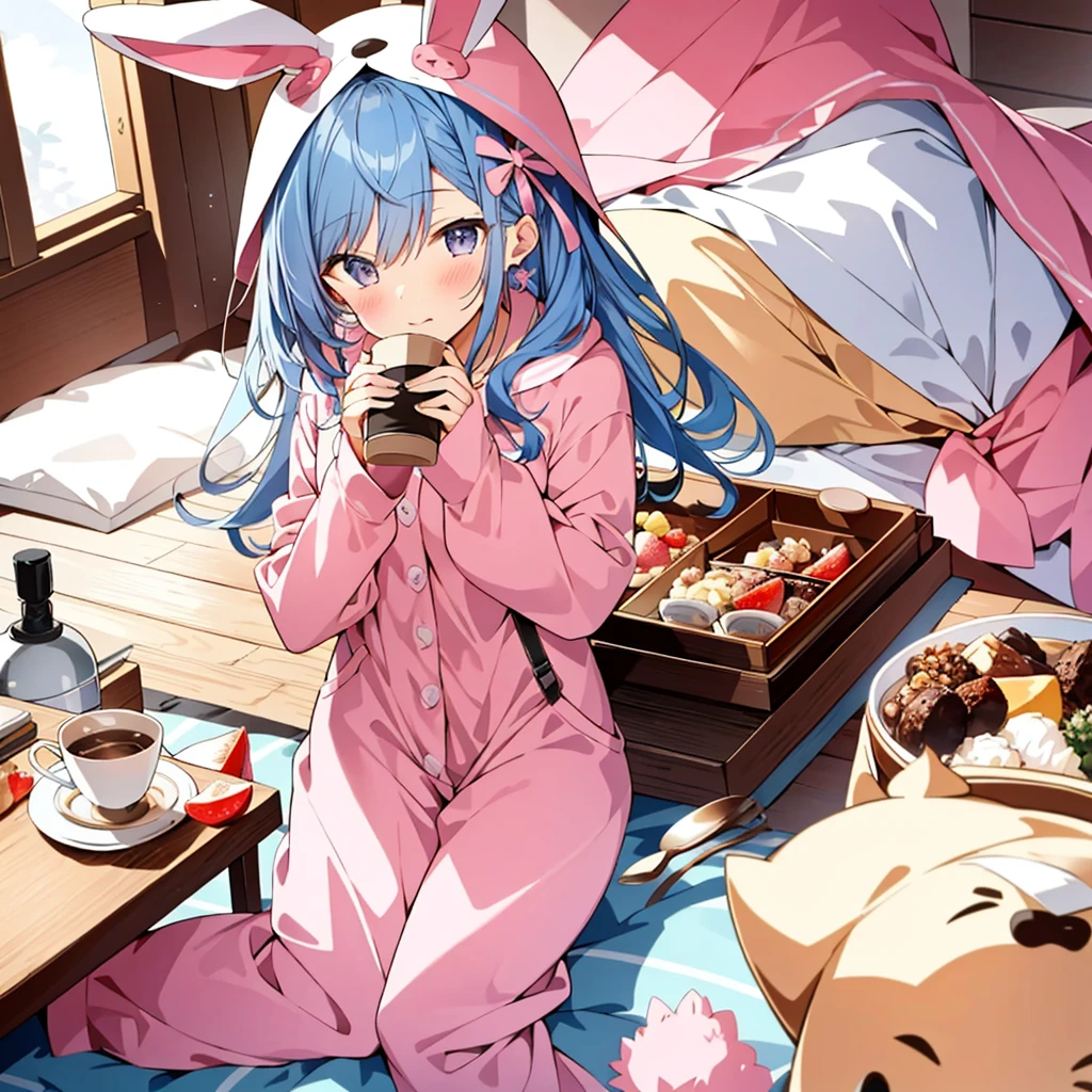 A  girl who feeds me breakfast、Rabbit costume pajamas、coffee、Pink Girl's Room、Kotatsu、spoons, looking at viewer, reaching out for viewer,