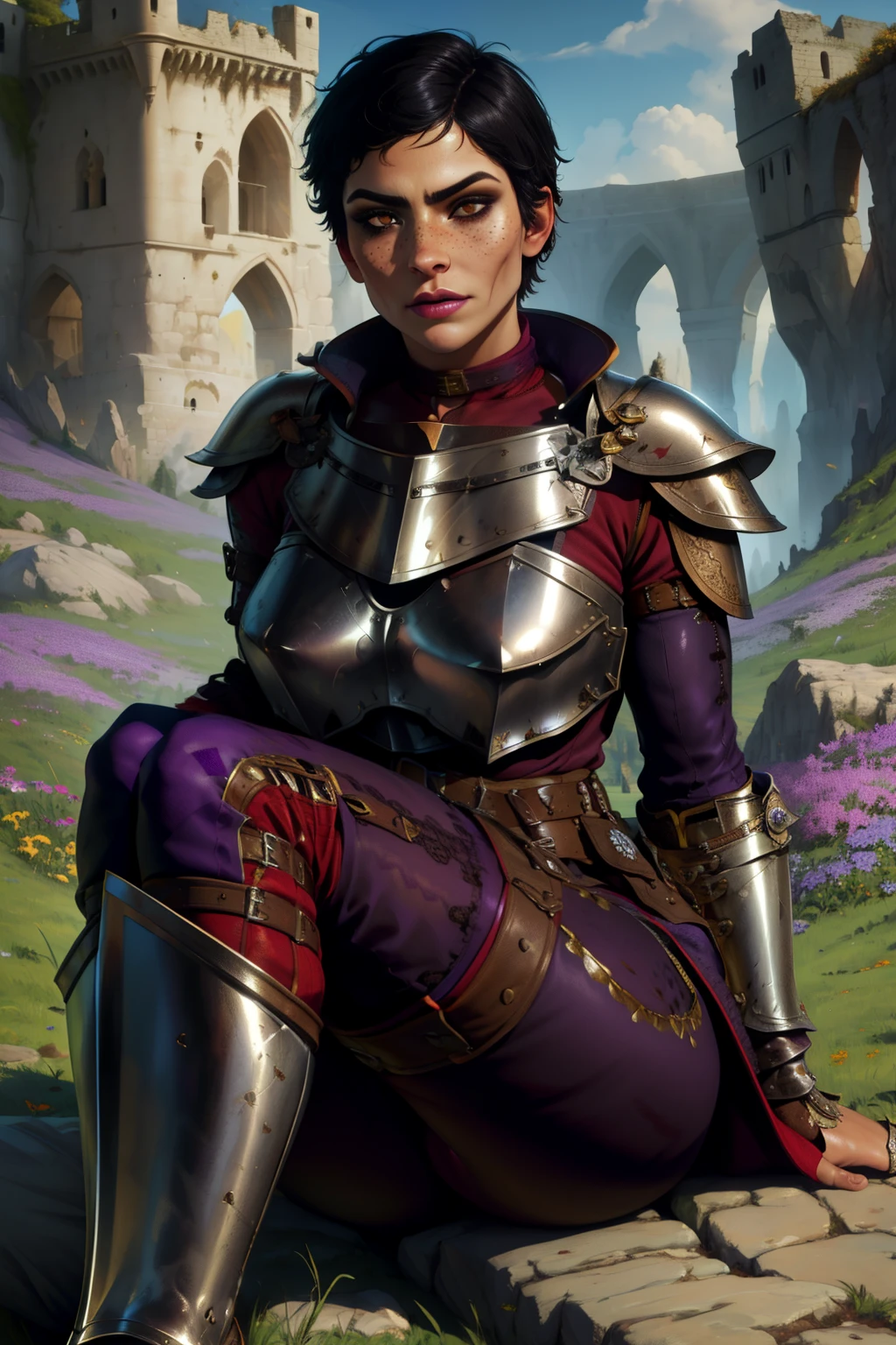 Cassandra,brown eyes,freckles,scar on face,very short black hair, solo, upper body, serious expression,
CasAr,brown gauntlets,breastplate with a white eye, belt,  armored boots, red shirt with purple sleeves, stitched purple pants,
 near a training dummy, outside, morning, 
(insanely detailed, beautiful detailed face, masterpiece, best quality) , reading a book, sitting in valley of flowers