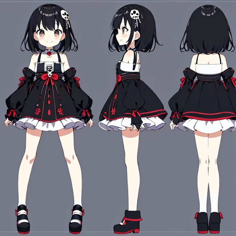 (masutepiece, Best Quality), Chara Sheet,Design drawings,three sided view, Small curved loli,Art Book,simple background,Cute!! Chibi!!!,closes mouth,Smile,casual goth loli,A dark-haired,skull