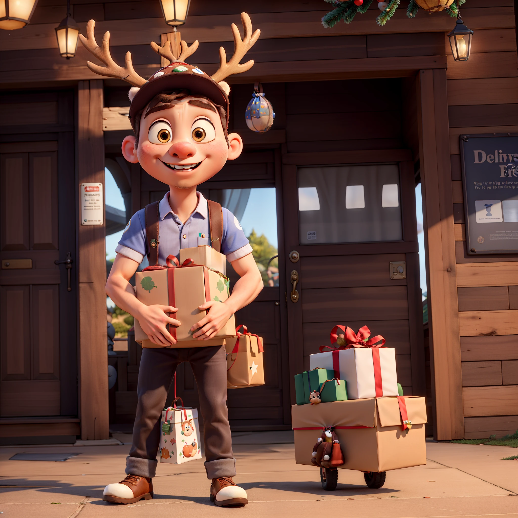 ((Best quality at best)), ((tmasterpiece)), (Detailed pubic hair), Perfect face 45 degree view of Disney cartoon style cute reindeer courier wearing delivery uniform and carrying a big gift bag