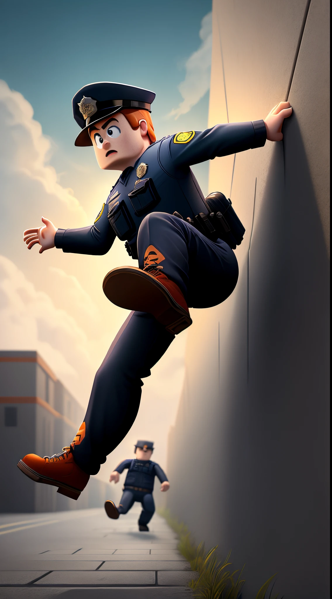 Create a Disney Pixar movie poster about a roblox police officer chasing a roblox prisoner jumping over a wall and in orange bold letters Jailbreak