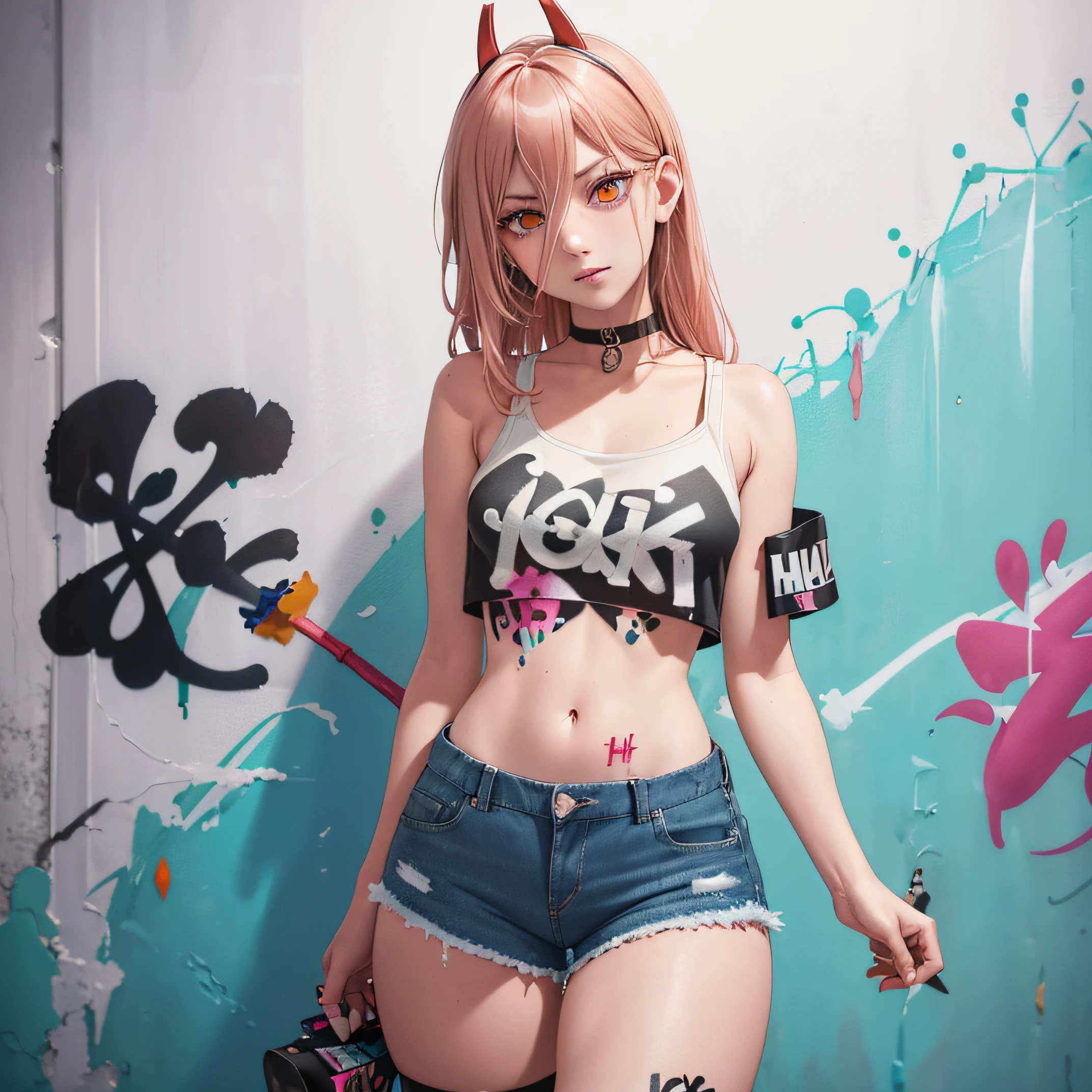 masterpiece, best quality, 1girl, solo, crop top, denim shorts, choker, (graffiti:1.5), paint splatter, arms behind back, against wall, looking at viewer, armband, thigh strap, paint on body, head tilt, bored, multicolored hair, aqua eyes, headset,  Power