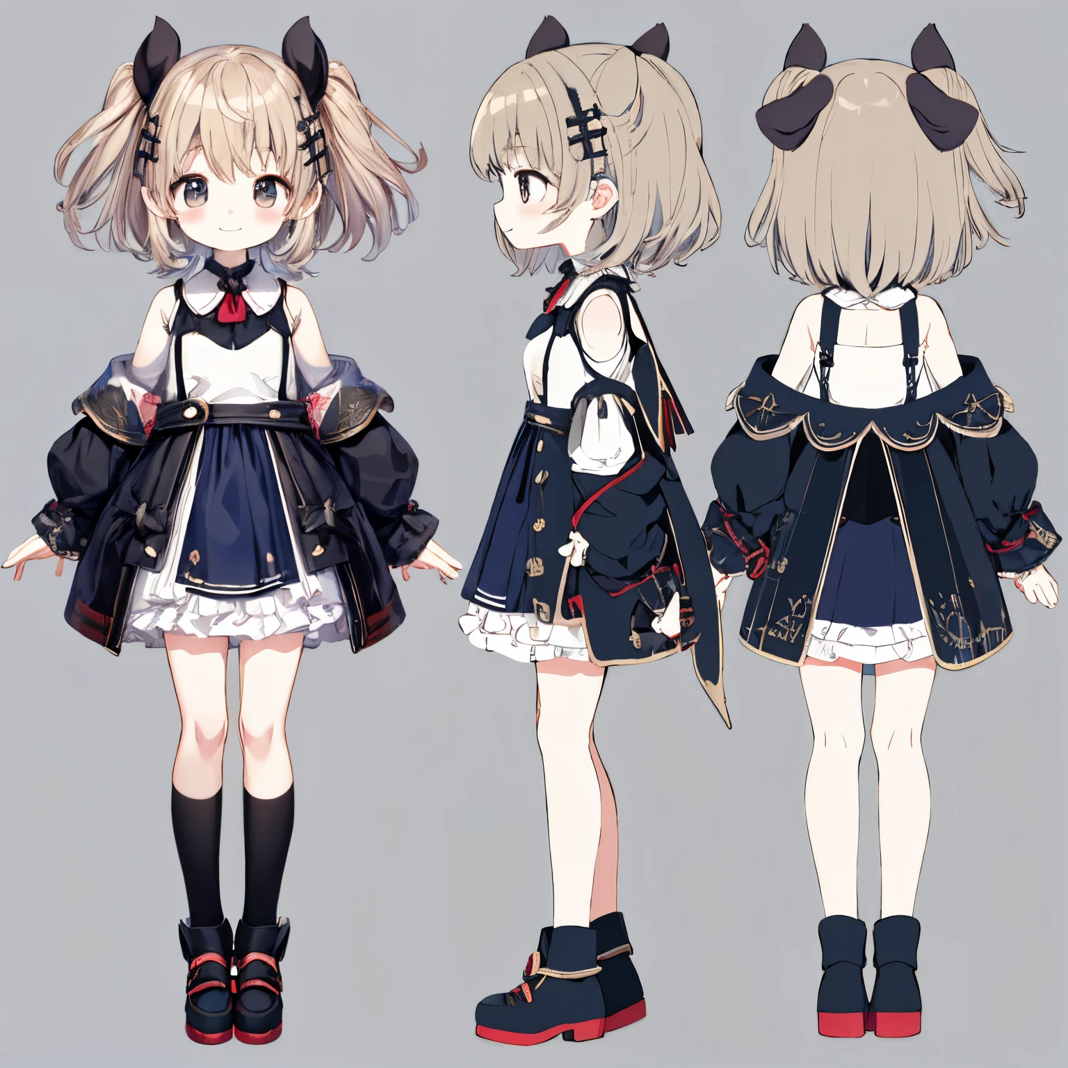 (masutepiece, Best Quality), Chara Sheet,Design drawings,３Two angles,three sided view, Small curved ****,Art Book,simple background,Cute!! Chibi!!!,closes mouth,Smile,casual goth ****