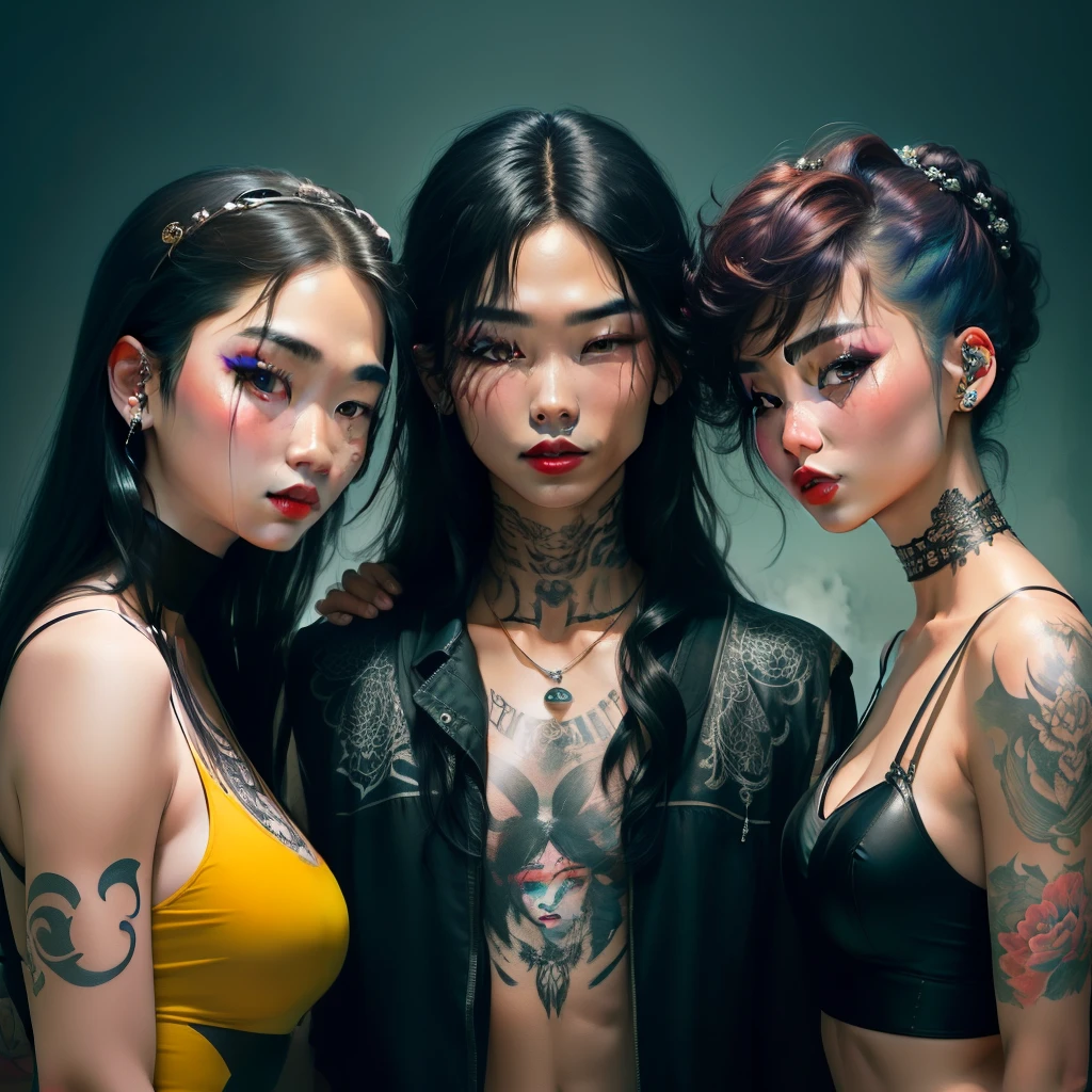 Asian girl with long raven hair with bangs wearing smokey eye makeup, red lipstick, lip piercings and tattoos being by 4 men