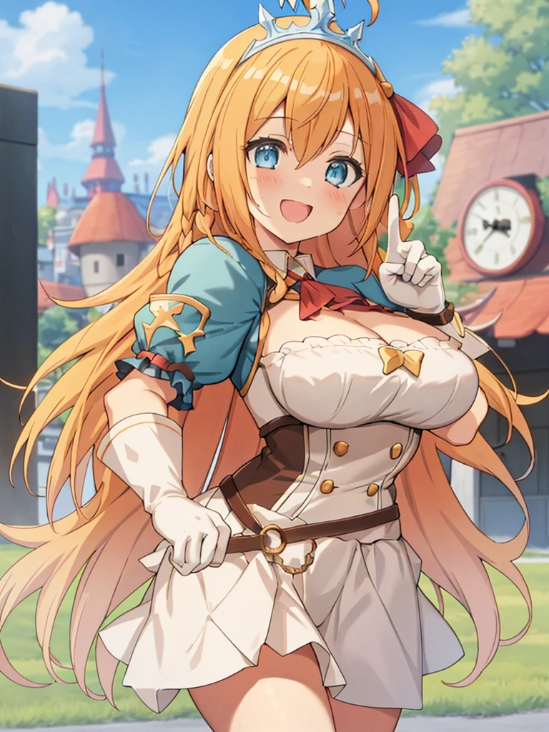 anime screencap, pecorine_(princess connect!), 1girl, orange hair, long hair, light blue eyes, medium breast, ahoge, making a peace sign with her fingers, double peace sign, looking at viewer,