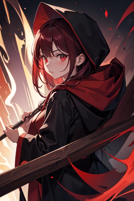 grim reaper, red satin robe, druid, phantasy, masterpiece, large red staff with glowing runes, hood,