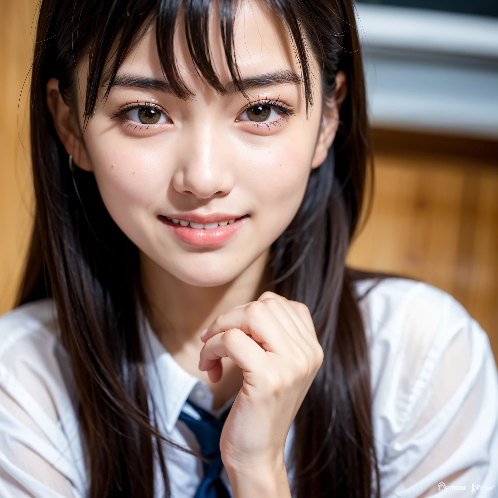 Ulchan-6500-v1.1, (Raw photo:1.2), (realistic:1.4), beautiful detailed girl, very detailed eyes and face, beautiful and detailed eyes, huge file size, (big), High resolution, very detailed, highest quality, [masterpiece:1.6], [jk uniform], illustration, very detailed, CG, small details, highest quality, Highly detailed CG uniform 8K wallpaper, movie lighting, 1 girl, , cute japanese schoolgirl, perfect figure, [unbuttoned white school blouse], big firm chest, [huge breasts, heavy chest: 1.6], cute droopy eyes, beautiful big eyes, white school blouse, see-through bra, sweaty and wet, [sexual excitement: 1.1], [sexual excitement: 1.1] lying in bed: 1.5], raised his hand, uniform ribbon around the neck, smile, (the whole body is wet), Shining eyes
