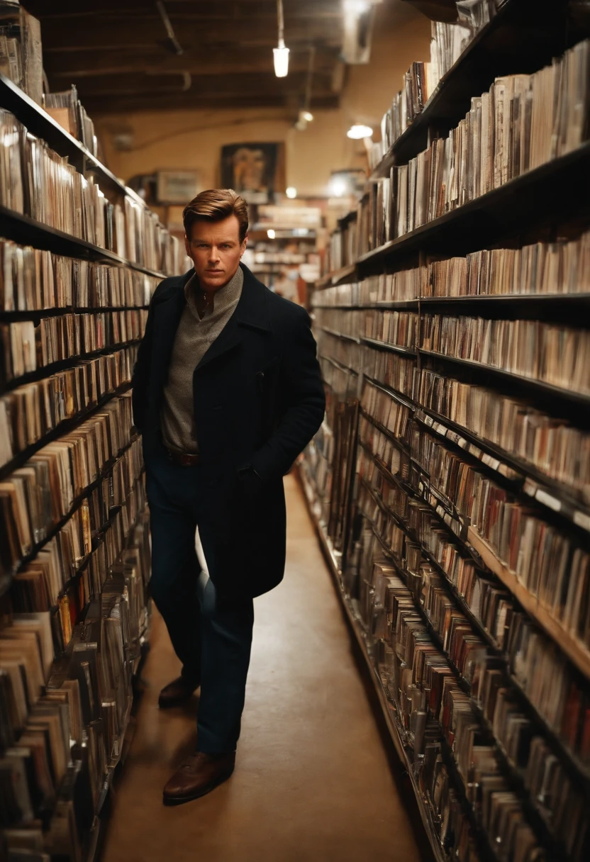 A photo of the character browsing through a vintage vinyl record store, admiring a rare find,original,he is rick astley, male