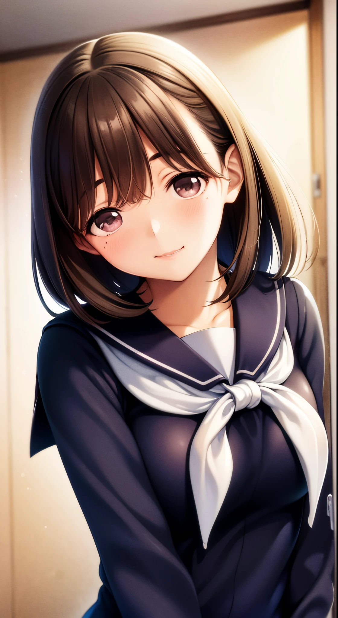 masuter piece, Best Quality, 超A high resolution, top-quality, Anime style, The best lighting, Beautiful face, Love Plus, Yasushi Anegasaki々, a sailor suit, brown haired, (1girll:1.3), The best smile, beautiful pink lips