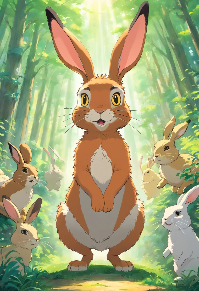 how a confident, energetic hare boasting to other animals. The hare should appear lively and somewhat arrogant.