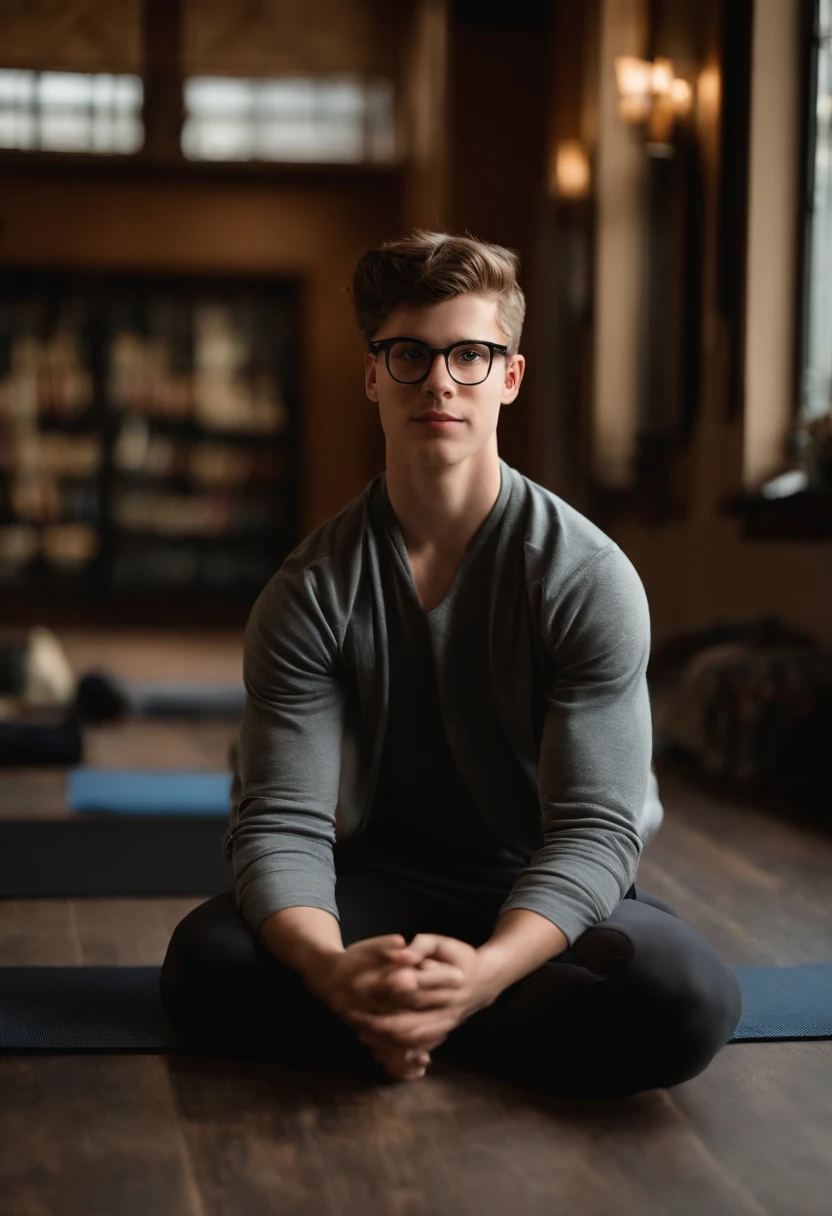 A photo of Ethan at a local yoga studio, striking a perfect warrior pose in the midst of a yoga session,original,Ethan, a 16-year-old high school sophomore, has always been the quintessential nerd: introverted, academically gifted, and more comfortable with books than with social interaction. With his thick-rimmed glasses, unruly brown hair, and slight, unassuming frame, Ethan often fades into the background, overlooked by his peers., male