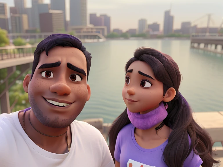 a brown guy with white tshirt and a girl with purple tshirt with black hair standing beside looking tat camera and the girl wearing a mask under chin and piercing in nose