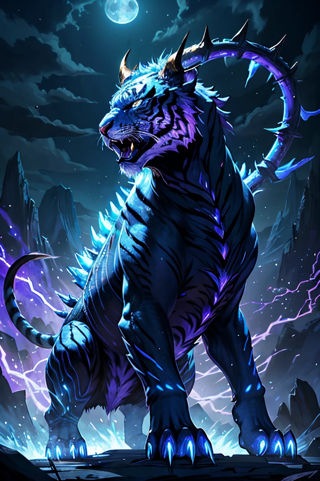 Strange monsters in a fantasy world，sabertooth tiger，long canine teeth，Strong limbs，Covered in blue flames，Covered with thick spikes，Antelope horn，Moon Night，Purple lightning，lake，Highly detailed and ultra-realistic visuals，Elemental Magic AI，dahuangdongjing，
ElementalMagicAI