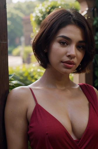 beautiful gorgeous glorious bollywood actress, standing at garden, glorious gorgeous face, pretty face, bright eyes, burgundy eyes,curve heir, bob cut hair, beautiful alluring natural breast, ((close mouth)), (orange lips), full body shoot, (Straight round and ultra small clevage, not sagging breast), ((beautiful details breast )), beautiful details, (wearing red thin saree and black blouse) , background blur, (((ultra high detailed skin:1.2))), Ultra 4K picture quality captures every detail,8k, shot on camera Canon 1DX, 50 mm f/2.8 lens, raw, particle effects, ray tracing, tone mapped, highly detailed, smooth, sharp focus, soft lighting, cinematic, 8K, realistic, (highly detailed background:1.4), finely detailed skin, sharp focus, (cinematic lighting), morning, soft lighting
