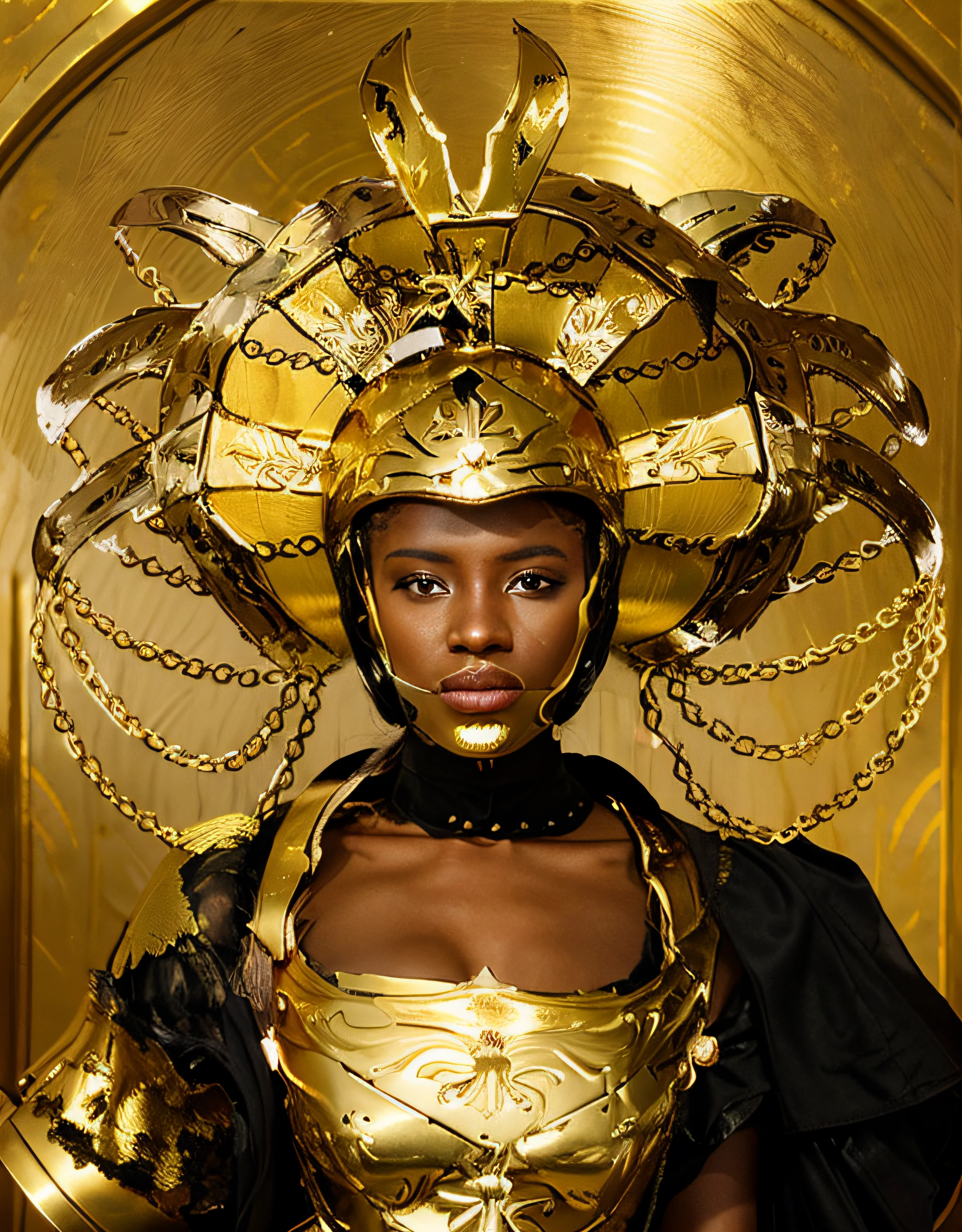 A imagem mostra uma mulher NEGRA usando um capacete dourado, which appears to be a mask or a golden helmet. She is in front of a green background, possivelmente uma pintura. The scene gives off a unique and artistic vibe, with the woman's appearance drawing attention to her striking makeup and golden helmet.
