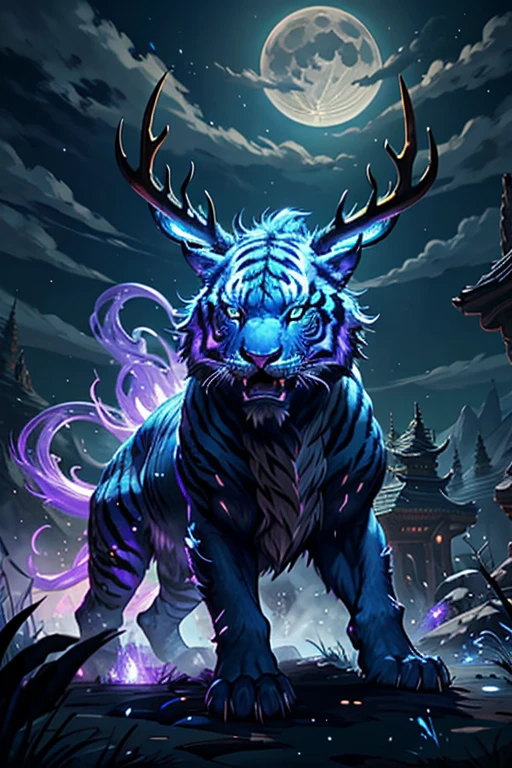 Strange monsters in a fantasy world，sabertooth tiger，long canine teeth，Strong limbs，Covered in blue flames，Covered with thick spikes，deer antlers，Moon Night，Purple lightning，lake，Highly detailed and ultra-realistic visuals，Elemental Magic AI，dahuangdongjing， ElementalMagicAI