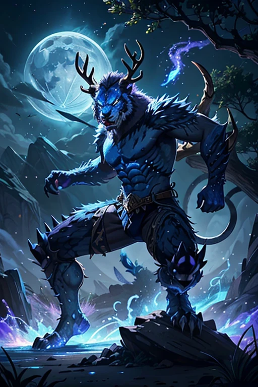 Strange monsters in a fantasy world，sabertooth tiger，long canine teeth，Strong limbs，Covered in blue flames，Covered with thick spikes，deer antlers，Moon Night，Purple lightning，lake，Highly detailed and ultra-realistic visuals，Elemental Magic AI，dahuangdongjing， ElementalMagicAI