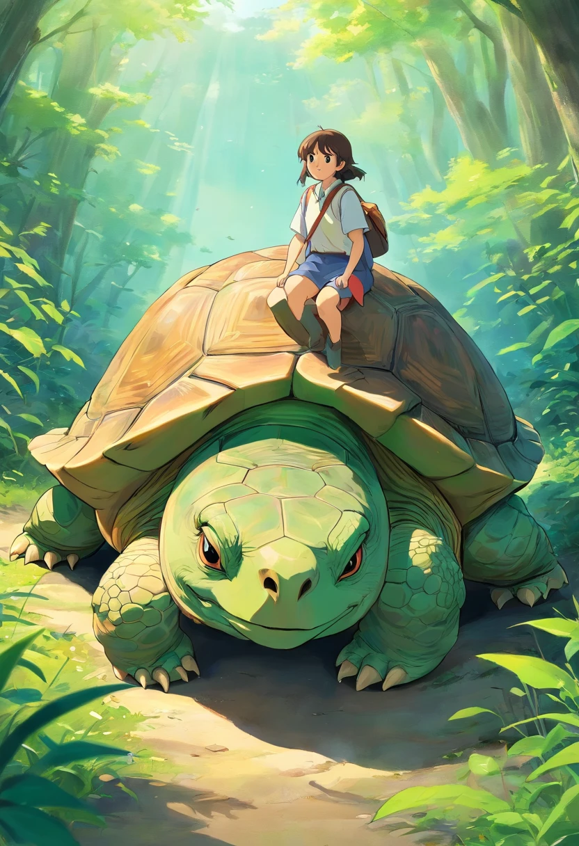 Illustrate a calm, wise-looking tortoise moving slowly. The tortoise appears content and thoughtful