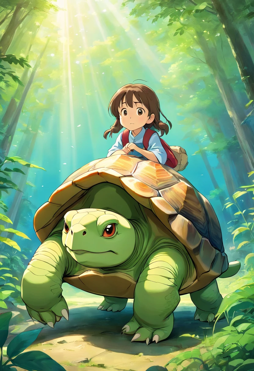 Illustrate a calm, wise-looking tortoise moving slowly. The tortoise appears content and thoughtful