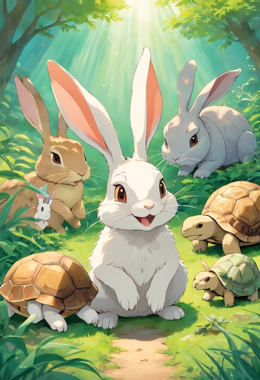 Depict the hare laughing at the tortoise, with other animals watching. The tortoise remains calm, issuing a challenge to the hare.