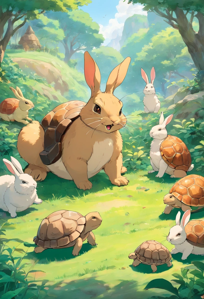 Depict the hare laughing at the tortoise, with other animals watching. The tortoise remains calm, issuing a challenge to the hare.