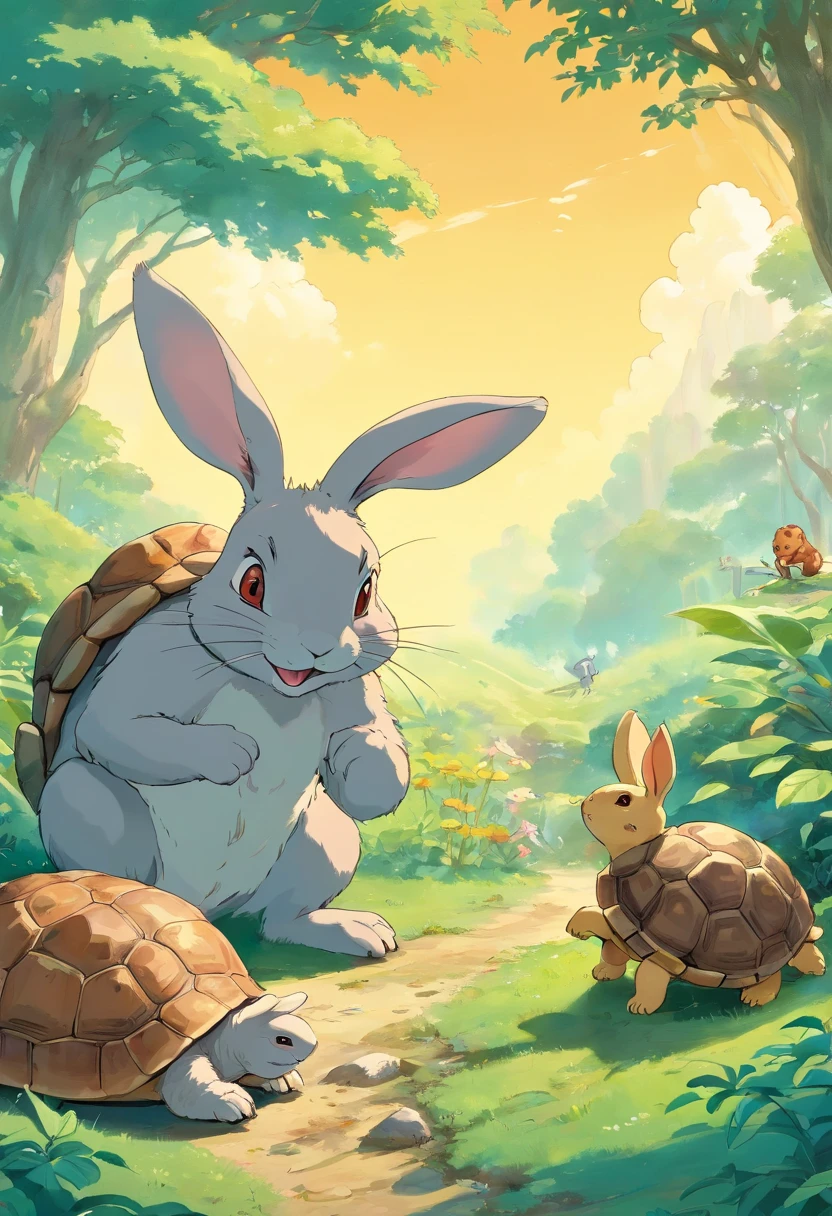 Depict the hare laughing at the tortoise, with other animals watching. The tortoise remains calm, issuing a challenge to the hare.