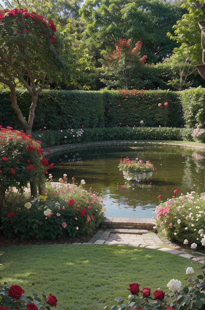 a very beautiful and large garden that is in full bloom with red, yellow and pink roses, com um pequeno lago no canto, uma pequena casa de madeira bem bonita casa de bosque arrumadinha