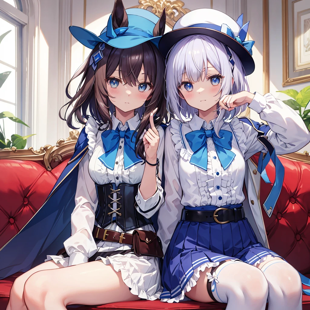 masterpiece, best quality, matikanetannhauser \(umamusume\), upper body, cabbie hat, blue headwear, blue bowtie, cape, white shirt, collared shirt, shoulder cutout, puffy long sleeves, panties, center frills, corset, belt pouch, belt, sitting on sofa, spreading legs,