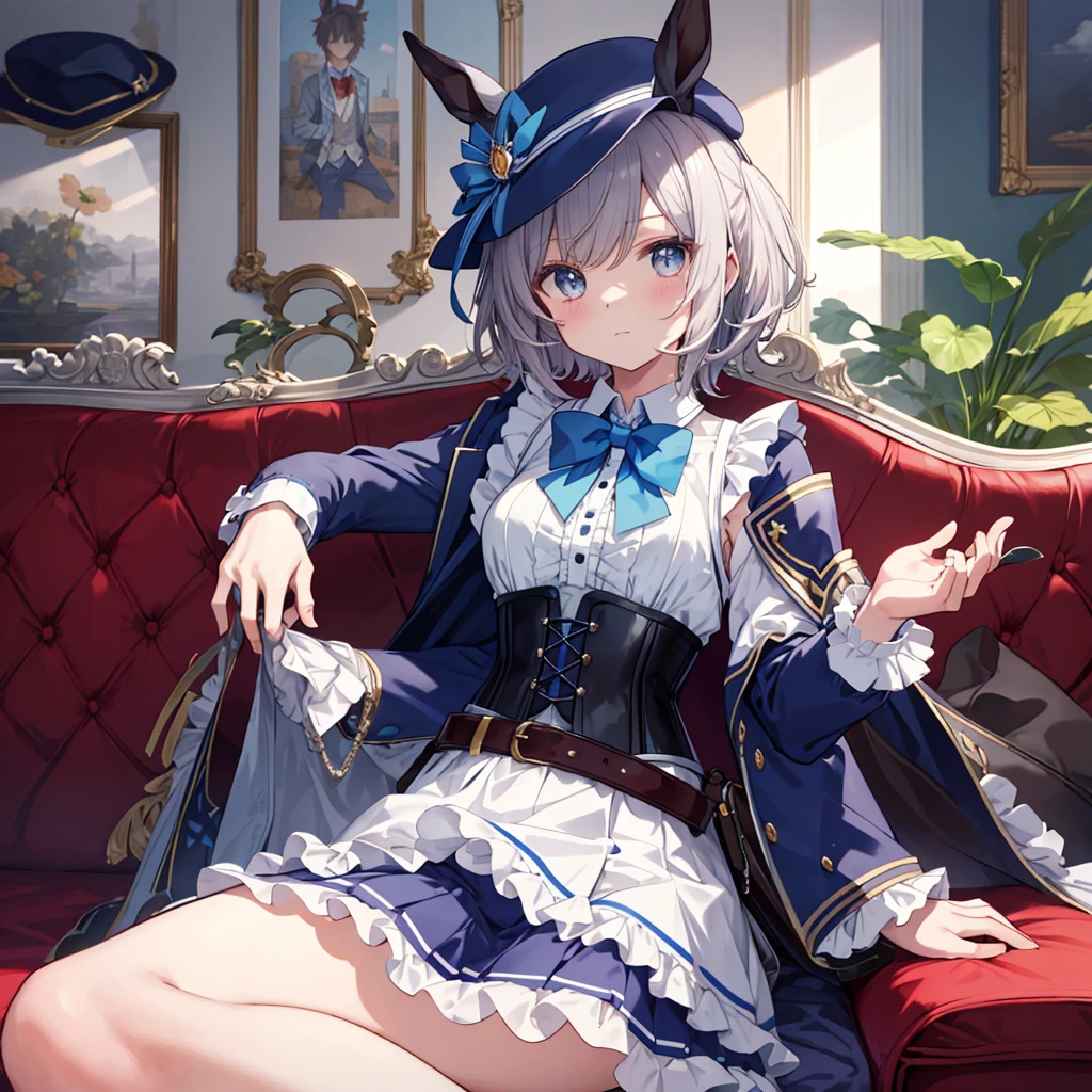 masterpiece, best quality, matikanetannhauser \(umamusume\), upper body, cabbie hat, blue headwear, blue bowtie, cape, white shirt, collared shirt, shoulder cutout, puffy long sleeves, panties, center frills, corset, belt pouch, belt, sitting on sofa, spreading legs,