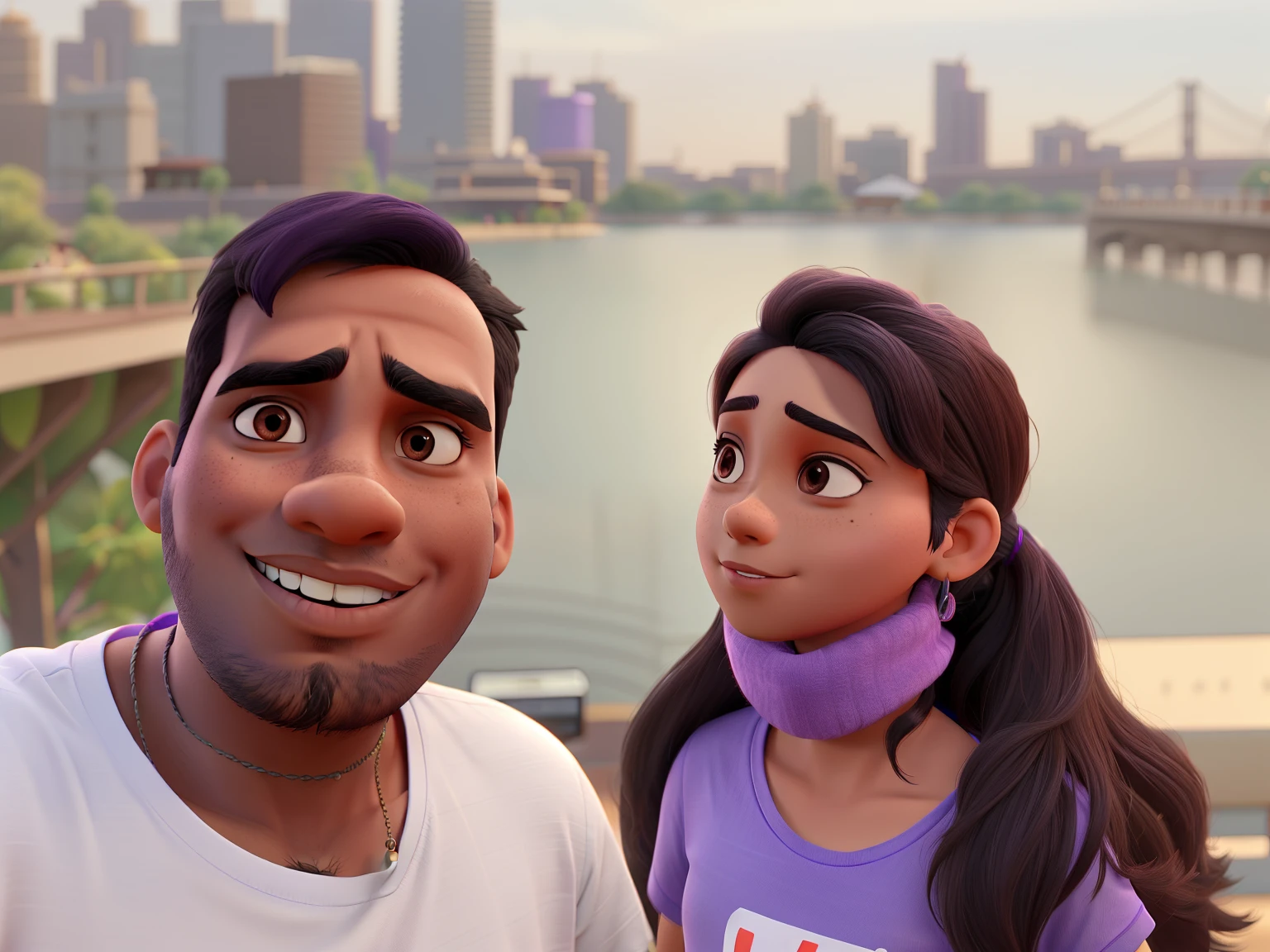 a brown guy with white tshirt and a girl with purple tshirt with black hair standing beside looking tat camera and the girl wearing a mask under chin and piercing in nose