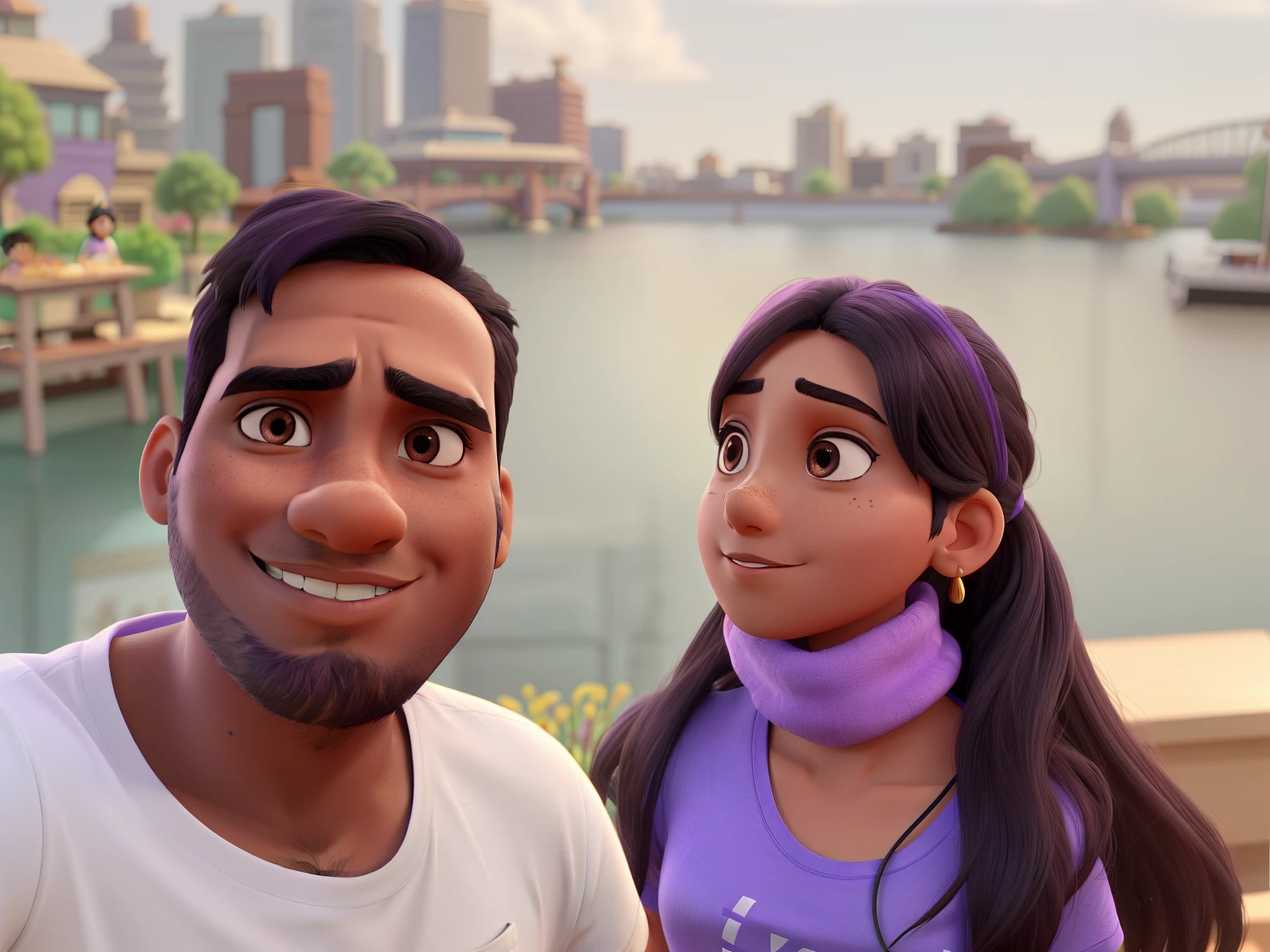 a brown guy with white tshirt and a girl with purple tshirt with black hair standing beside looking tat camera and the girl wearing a mask under chin and piercing in nose