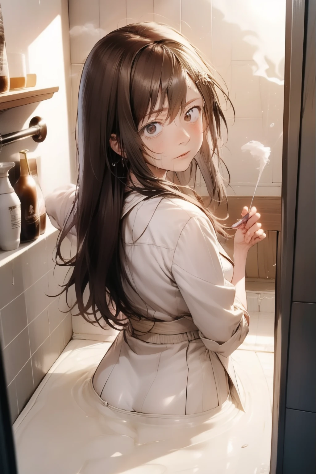 in 8K、top-quality、​masterpiece、ultra-detailliert、Ultra-high resolution、Anime style、浴室、((1 persons))、girl with、being hit in the shower、posterior view、、turned around、bare shoulders​、wetting hair、wetted skin、water dripping、pov from down、Red face、suprised, (steam,Sweat), Back