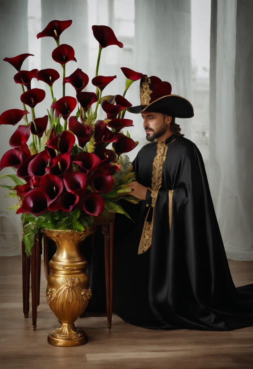 The King of Hell skillfully arranging a bouquet of dark red and black calla lilies in a golden vase.,original,the devil, male