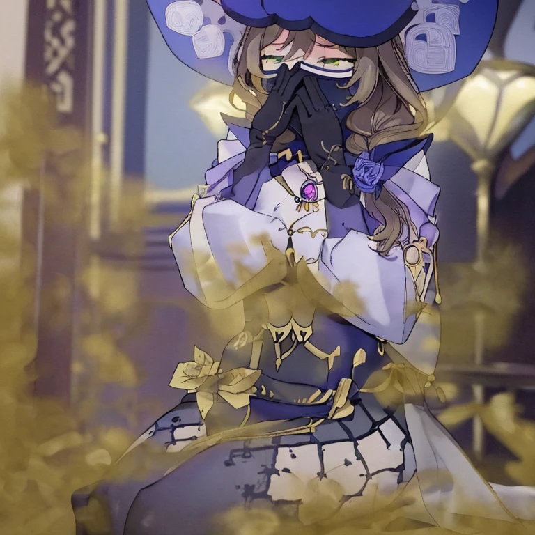 (masterpiece:1.2、top-quality)、(the Extremely Detailed CG Unity 8K Wallpapers、ultra-detailliert、Best Shadows)、(细致背景)、(The best lighting、extremely delicate and beautiful)、depth of fields, yellow smoke covering her face, covering nose using bare hand, upward looking gaze、closed her eyes,(((syncope))),((shed tears)),((((Girl is surprised when she smells the bad smell of farts)))),((((please cover your face with your hands。'There'no smell)))