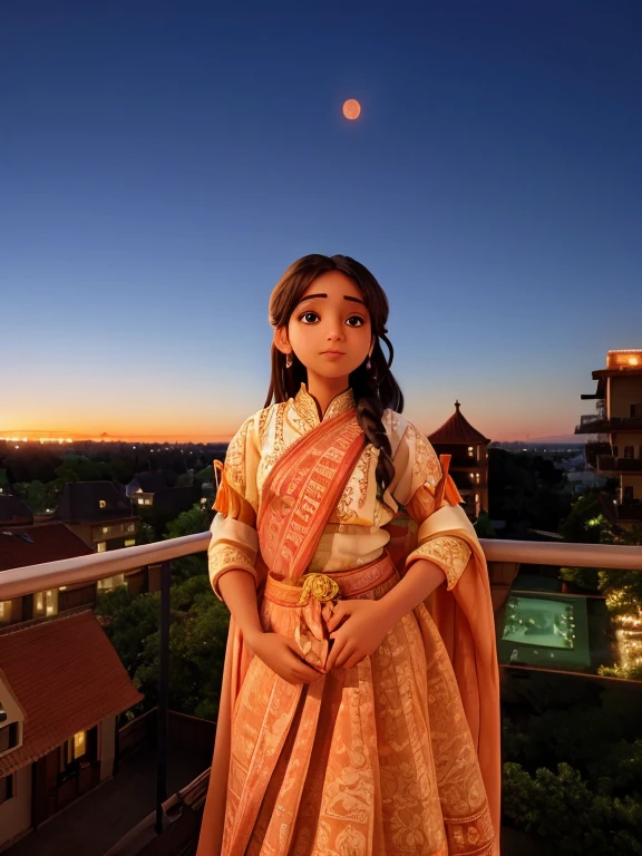 Beautiful girl in her traditional attire. Standing on a balcony with the sunset on her back ground