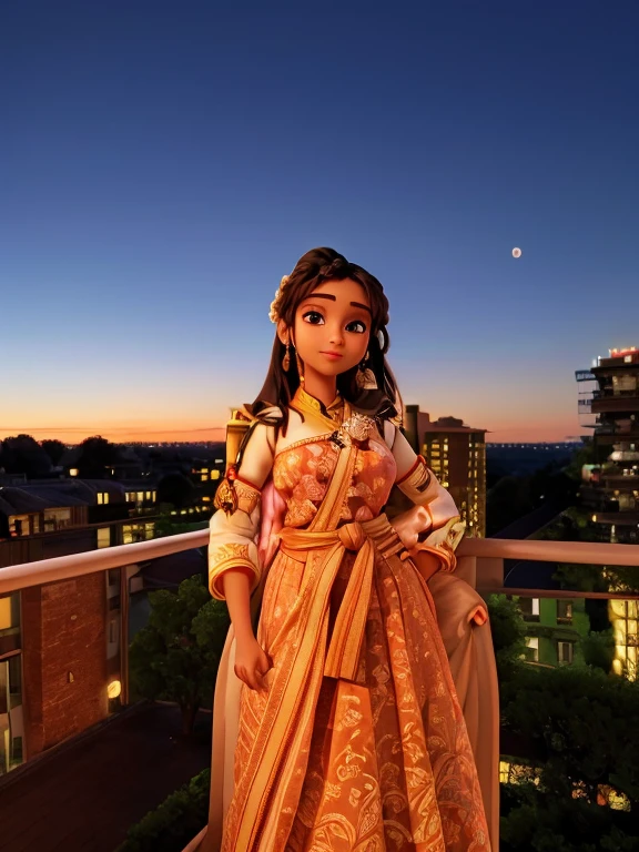 Beautiful girl in her traditional attire. Standing on a balcony with the sunset on her back ground