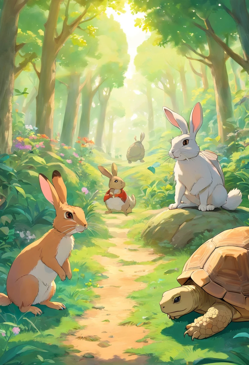 1 hare, 1 tortoise, the hare laughing at tortoise, with other animals watching. The tortoise remains calm, issuing a challenge to the hare.